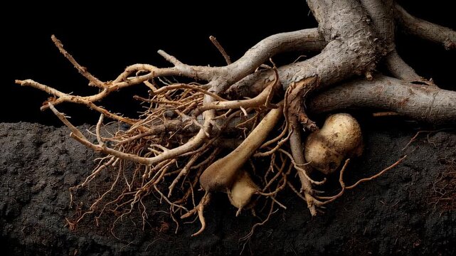 Root system concept ,Root tuberous system entwined with woody earth and soil, tuber survival resilience and organic earthy texture