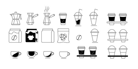 Minimal line art coffee icons set in vector style, featuring moka pot, takeaway cups, coffee beans, milk and mugs. Perfect for cafe branding, packaging design, menus, web, and digital illustrations.
