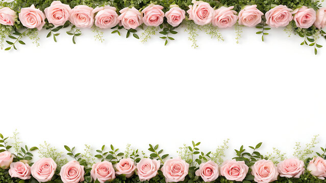 Delicate pink roses and greenery border framing a white space for text or design - Powered by Adobe