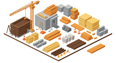 Comprehensive isometric construction materials and equipment layout with crane and safety gear