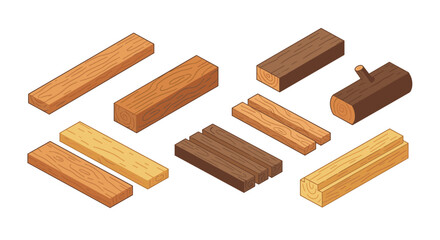 Wood planks and logs collection in isometric style for diy projects
