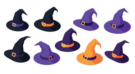 Colorful witch hats in flat style for halloween celebrations