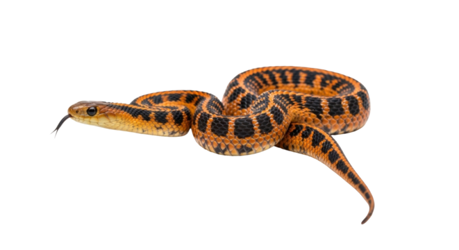 Isolated Texas rat snake orange and black color pattern with forked tongue in studio