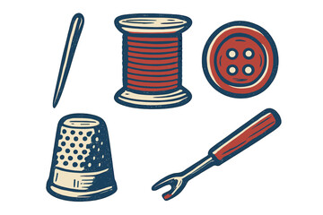 Collection of essential sewing supplies including needle, thread spool, button, thimble, and seam ripper for craft and repair