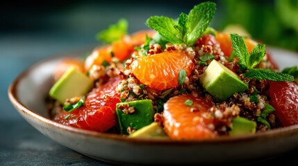 A delicious quinoa salad filled with juicy citrus segments, creamy avocado, and fresh mint, presenting a vibrant and healthy meal option full of flavors and colors.