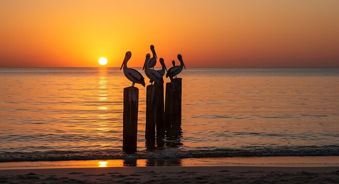 Pelicans resting on posts at sunset