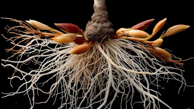 Root system concept ,Orchid bulb and tuber with white fibrous root network, sprout and bud emergence showing resilient growth