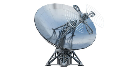 Isolated silver radio telescope with radiation waves, communication satellite technology imagery