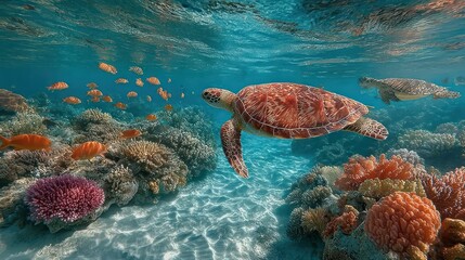 Underwater Scene with Sea Turtles Swimming Among Colorful Corals and Small Fish
