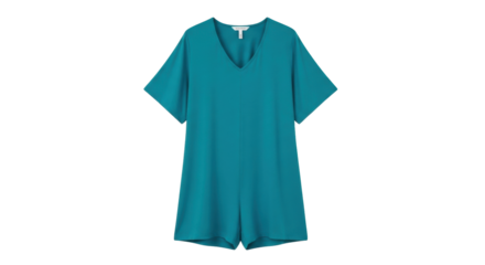 Isolated teal romper with short sleeves and V-neck for fashion, comfort, and summer wear
