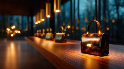 A stylish leather handbag shines brightly in an elegantly lit setting, representing luxury and sophistication while highlighting the latest fashion trends and accessories.