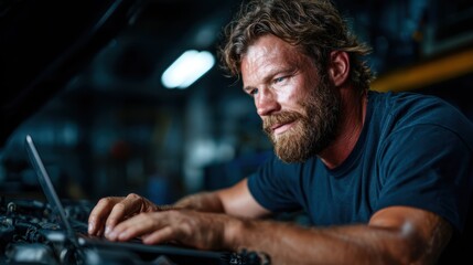 A skilled mechanic intently inspects a car's engine while using a laptop, illustrating the blend of traditional craftsmanship and modern technology in automotive repair.