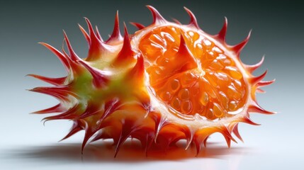 An exotic fruit with a spiky outer shell and a vibrant orange interior is shown cut in half, showcasing its unusual appearance and intriguing features.