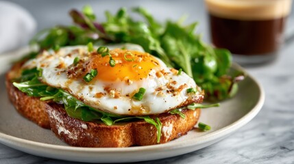 A delicious fried egg served on a crispy toast base topped with fresh greens and garnished with herbs, accompanied by a rich cup of coffee for a flavorful meal experience.