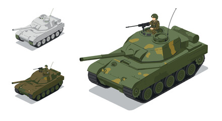 Isometric military tank illustration with soldier in three color variations