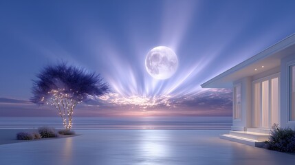 Obraz premium Dreamy Full Moonlit Night with Modern Villa and Glowing Tree by the Ocean