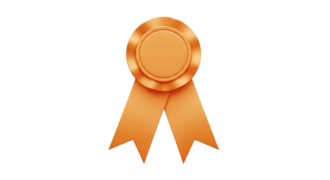 Isolated orange ribbon award, winner badge, achievement token or graduation seal emblem