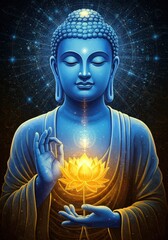 Cosmic Blue Buddha with Golden Lotus