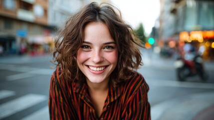 A joyful young woman with curly hair smiles brightly at the camera in an urban setting, embodying cheerful energy and warmth against the backdrop of city life and activity.