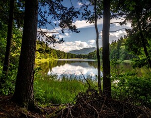 Obraz premium Serene lake framed by forest