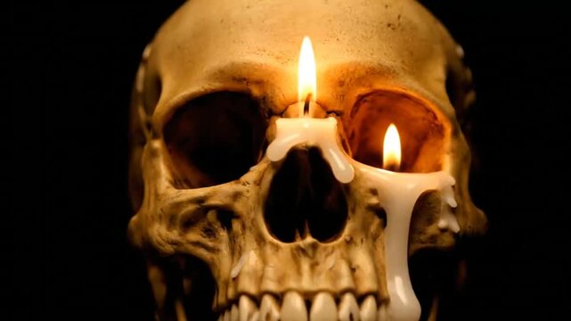 Burning candle in the eye socket of a human skull with dripping wax
