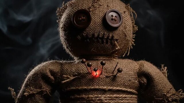 Creepy voodoo doll with glowing magic pins and smoke