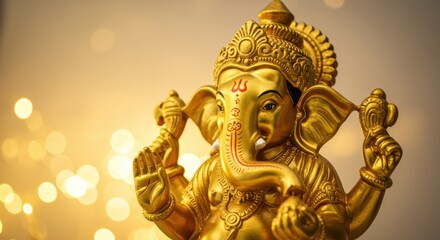 Golden Ganesha Idol with Festive Bokeh Background