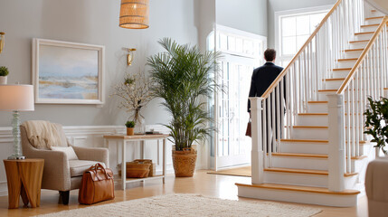 Stylish modern foyer with a professional man ascending stairs, surrounded by elegant decor and greenery