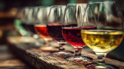 Professional wine tasting setup is displayed. A long row of crystal glasses filled with different shades of red wine sits on a rustic wooden bar top.