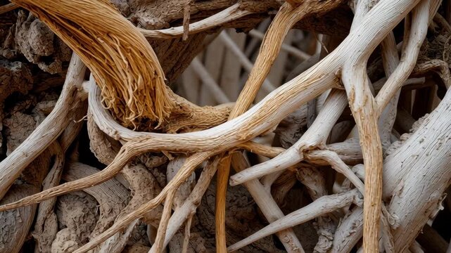 Root system concept ,Twisted root tangle driftwood texture natural dry root with weathered twisted branches and organic rugged