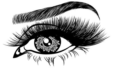 Illustration with woman's eye, eyelashes and eyebrow. Makeup Look. Tattoo design. Logo for brow bar or lash salon.