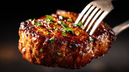 A succulent piece of perfectly grilled steak garnished with fresh herbs, embodying the essence of gourmet dining and culinary expertise.