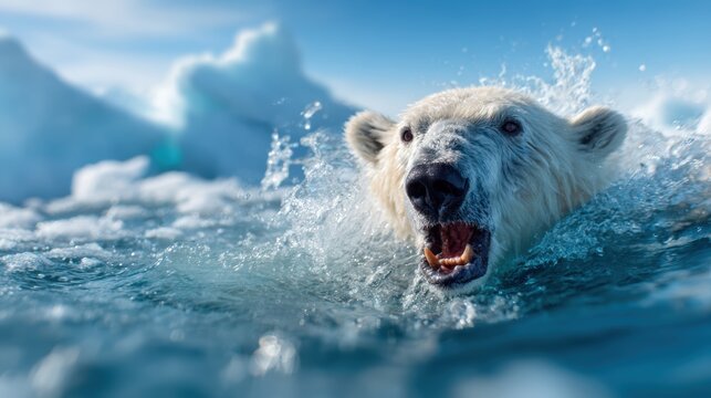 A stunning polar bear emerges from the icy water, showcasing its strength and beauty against the backdrop of the Arctic landscape and floating icebergs in the distance. - Powered by Adobe