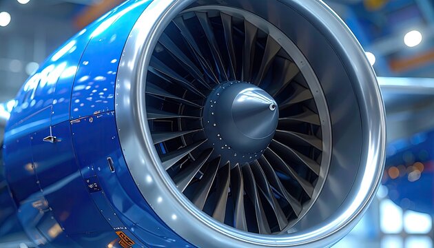 Close-up of a vibrant blue turbofan engine, showcasing intricate details of its fan blades, casing, and central core within a hangar setting - Powered by Adobe