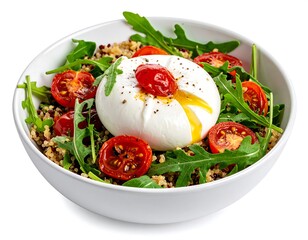 Close-up macro shot of a gourmet burrata salad with vibrant roasted cherry tomatoes, fluffy quinoa, and fresh arugula leaves, perfect for a healthy meal