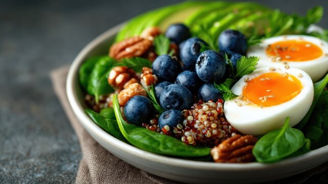 A beautifully arranged bowl of healthy salad featuring vibrant blueberries, boiled eggs, and greens, exemplifying a perfect blend of nutrition and visual appeal.