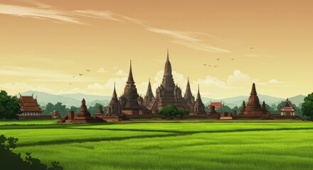 Ancient Buddhist Temple in Southeast Asian Rice Fields