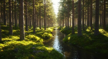 Obraz premium Lush forest landscape with river flowing through sunlight