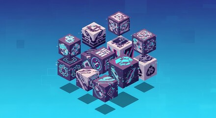 Isometric Cluster of Glowing Futuristic Technology Cubes.