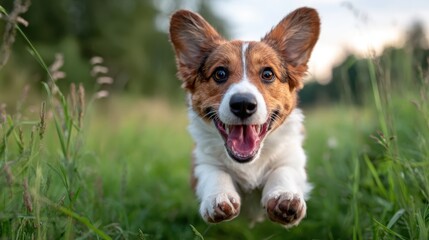 A playful corgi joyfully runs through a lush green field, capturing the spirit of happiness and freedom that embodies the bond between pets and their owners in a natural setting.