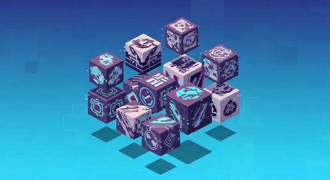 Isometric Cluster of Glowing Futuristic Technology Cubes.