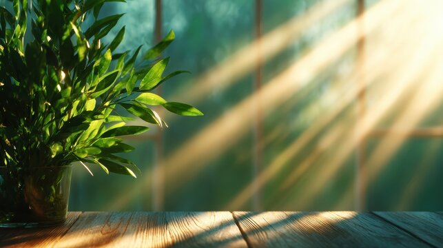 A lush green potted plant sits on a wooden table, with sunlight streaming through a window, creating a serene atmosphere that embodies growth and tranquility in a relaxed setting.