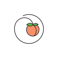 Soft orange peach with twin lobes and leafy top, encircled by a flowing loop, perfect for orchard packaging, summer fruit branding, or natural dessert visuals. Tender, ripe, and naturally sweet