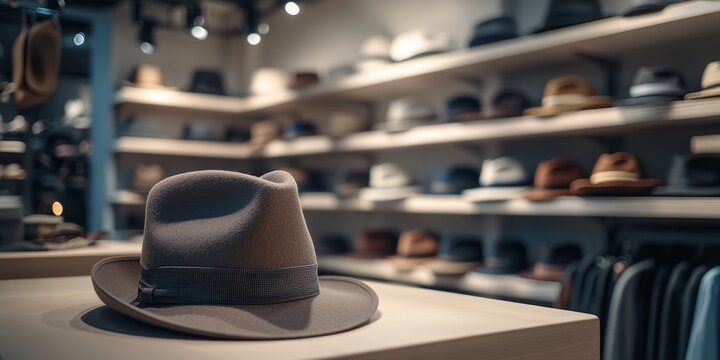 A stylish brown hat sits on a counter in a chic store. The background showcases a variety of hats on shelves. Perfect for fashion enthusiasts and accessory lovers. AI - Powered by Adobe