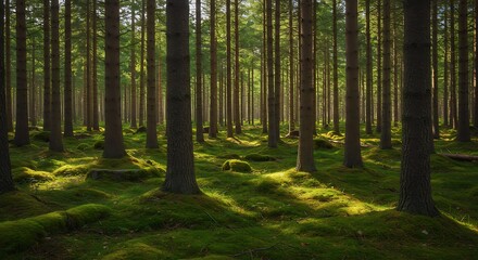 Lush forest scene sunlight filtering through tall trees and green moss