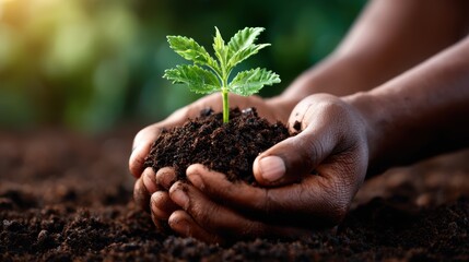 A pair of hands cradling rich, dark soil with a delicate green seedling emerging, symbolizing growth, care, and the nurturing aspects of plant cultivation and environmental consciousness.