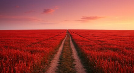 Obraz premium Path Through Vibrant Red Field at Sunset