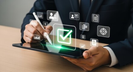 Digital Recruitment Process with HR Manager Selecting Candidate Using Tablet in Office Environment, Representing Human Resource Technology and Online Hiring System in Modern Business Workflow Tablet