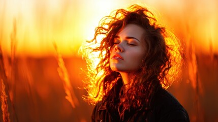 A woman with beautiful curly hair stands in a field during sunset, embracing nature's beauty with closed eyes, embodying calmness and serenity in a golden atmosphere.