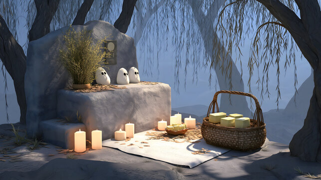 China: Wei-Jin & Southern-Northern Dynasties - Confucianism: Filial Piety (Tomb Offering), Gray Tombstone, Bamboo Basket, Pastries, White Candles, "Filial Piety" Outline